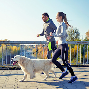Couple exercising with their dog outside.