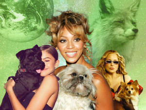 Zendaya and her dog, Beyoncé and her dog, and Jennifer Coolidge and her dog in front of a green background with the earth and a fox 