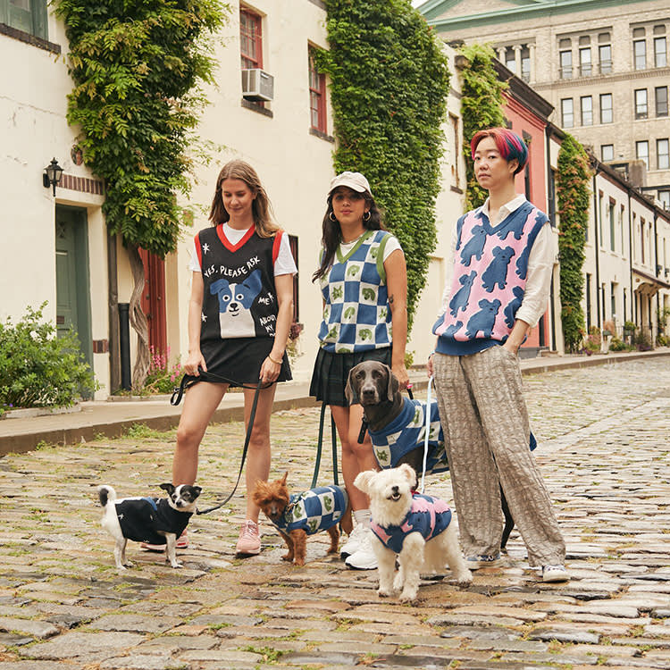 Three women wearing vests with custom patterns, and four dogs sporting the same pattern sweaters.