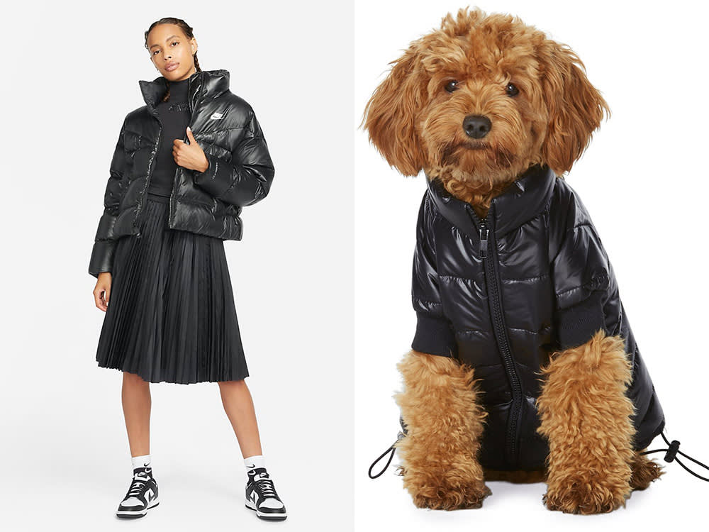 dog and owner matching black puffer jackets 