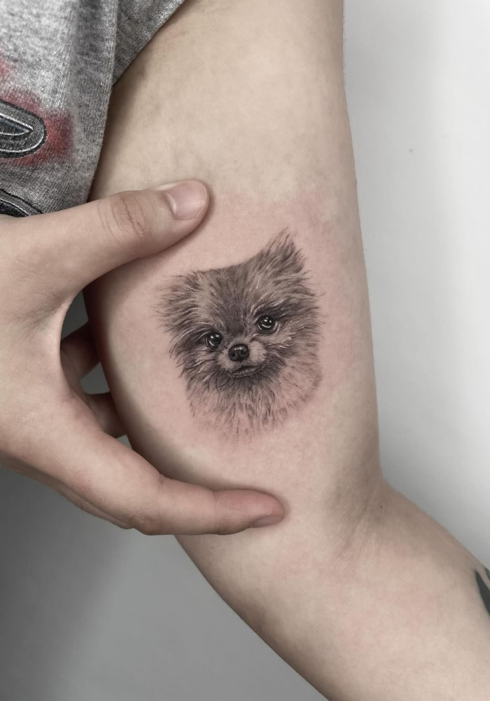 A black and grey tattoo of a fluffy dog face.
