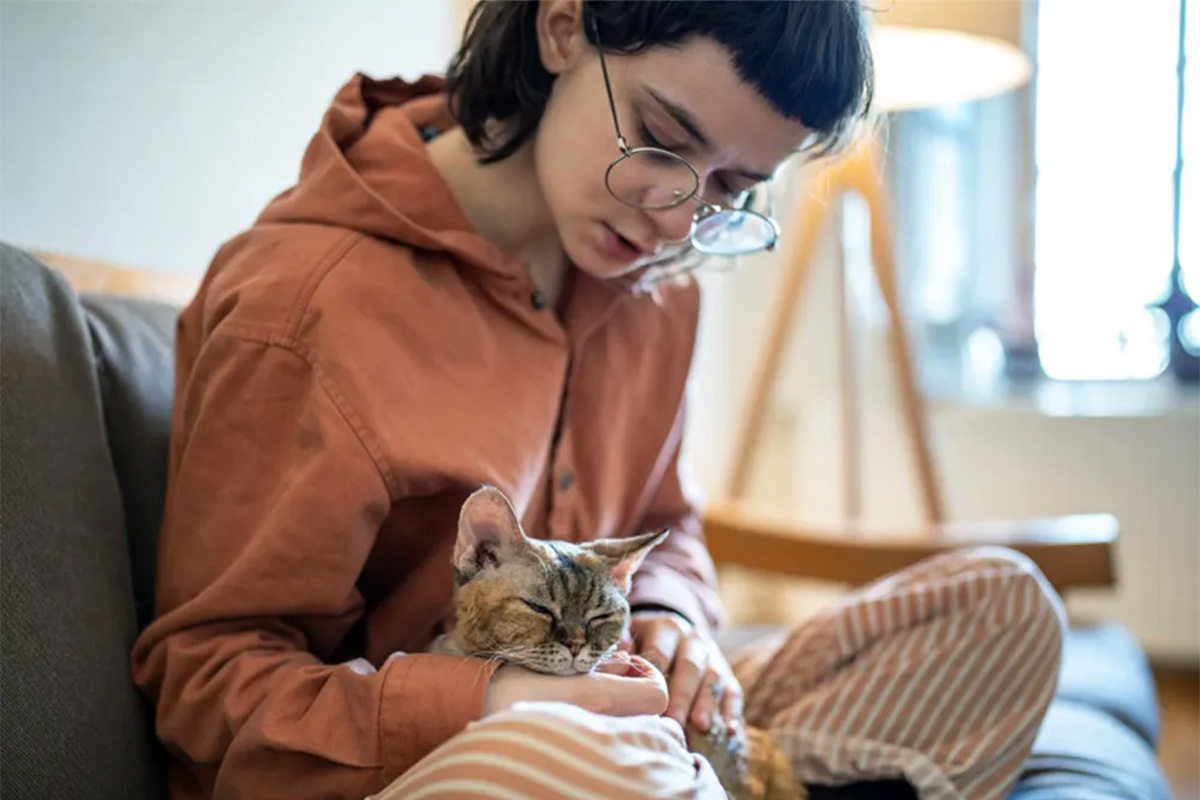 A cat sits on a woman’s lap, looking perturbed. 