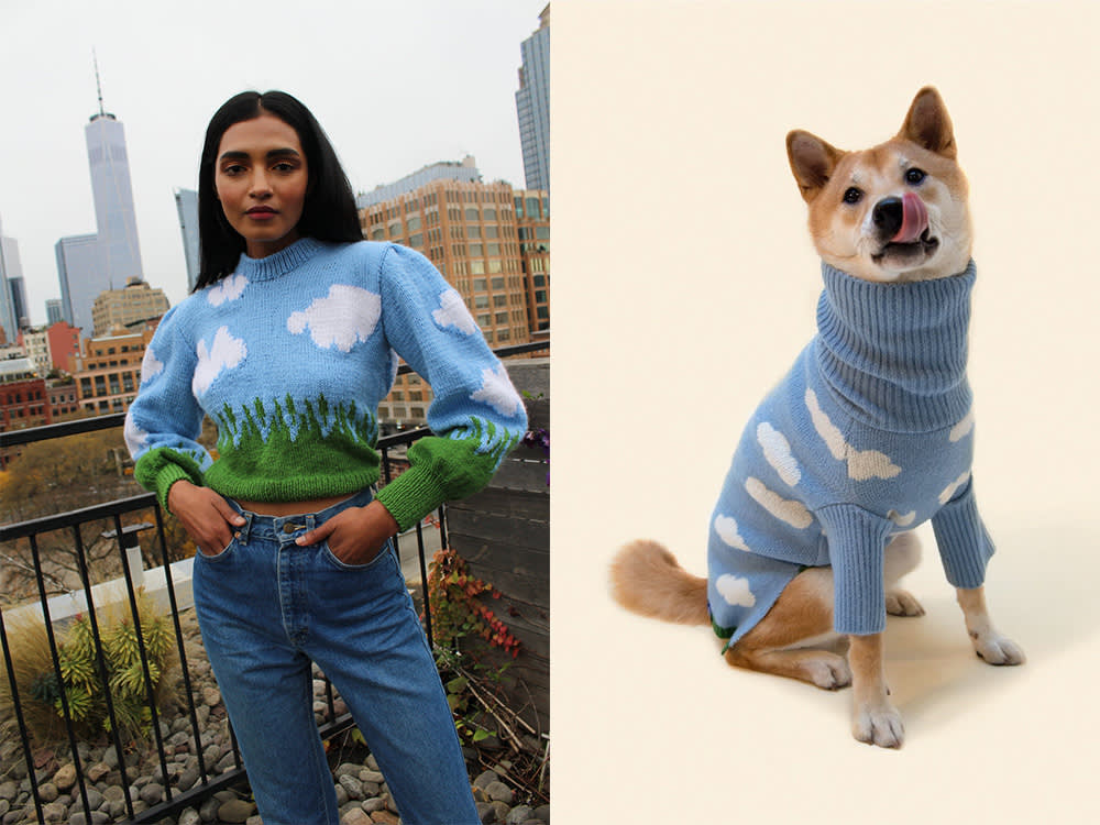 cloudy and blue skies themed dog and human sweaters