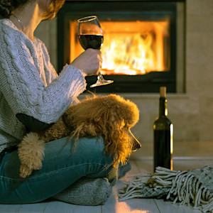 Woman drinking wine with her dog on her lap.