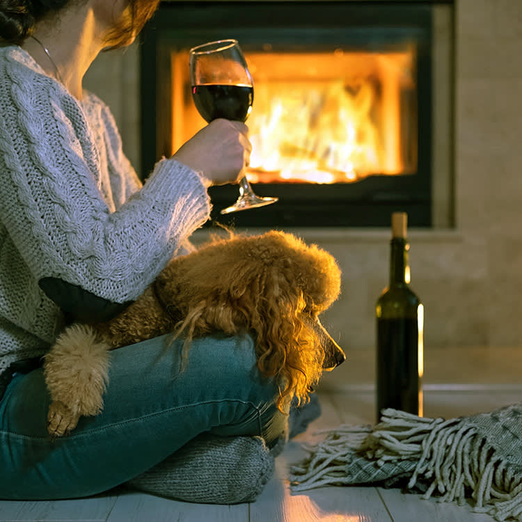 Woman drinking wine with her dog on her lap.