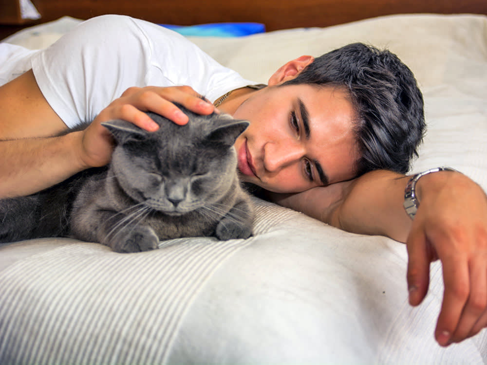 Man cuddling in bed with cat.