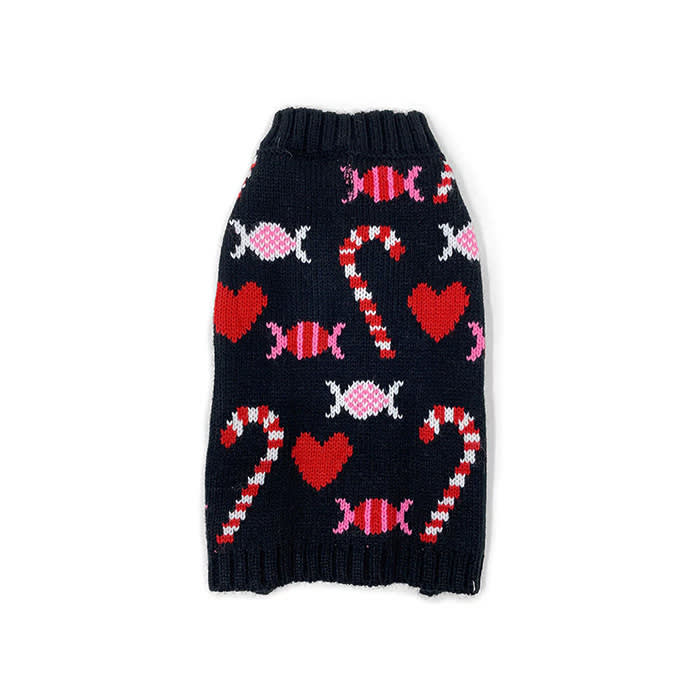 black knit sweater with hearts and candy canes