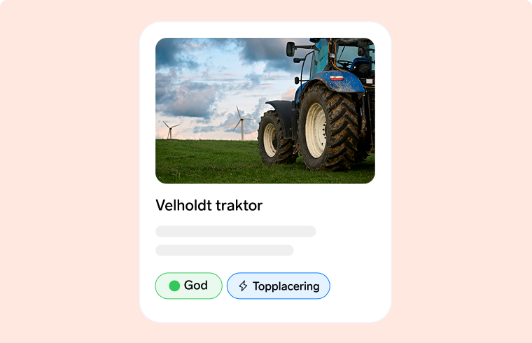 Eksempel på annonce. Blå traktor på grøn mark med vindmøller i baggrunden under en skyet himmel.
