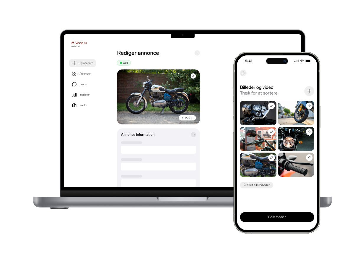 Laptop og smartphone viser brugergrænsefladen til at redigere en motorcykelannonce med billedupload-funktion.