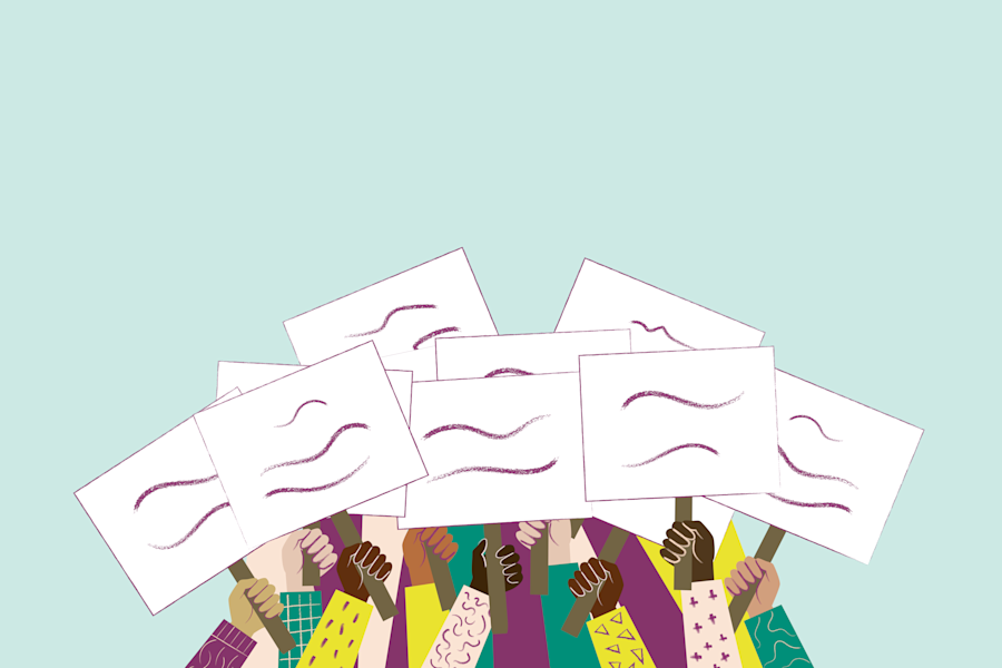 arms waving signs in bunch