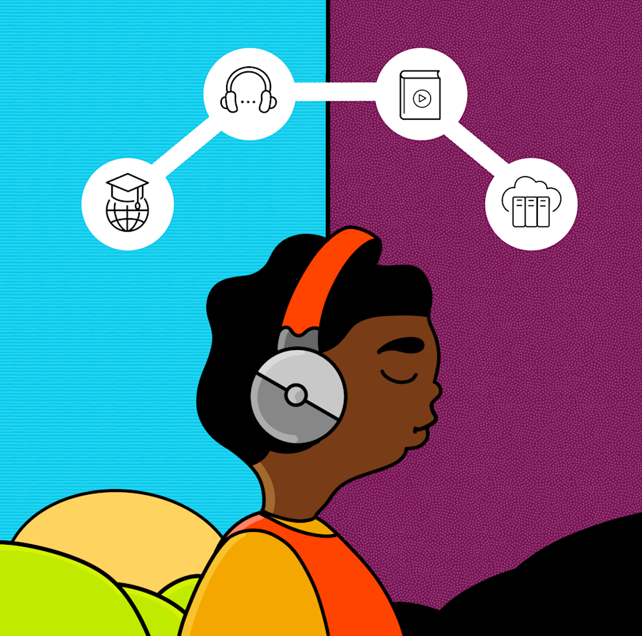 Black woman with headphones. Above her head float graphics of a mortarboard on a globe, a pair of headphones, a book, and cloud storage.
