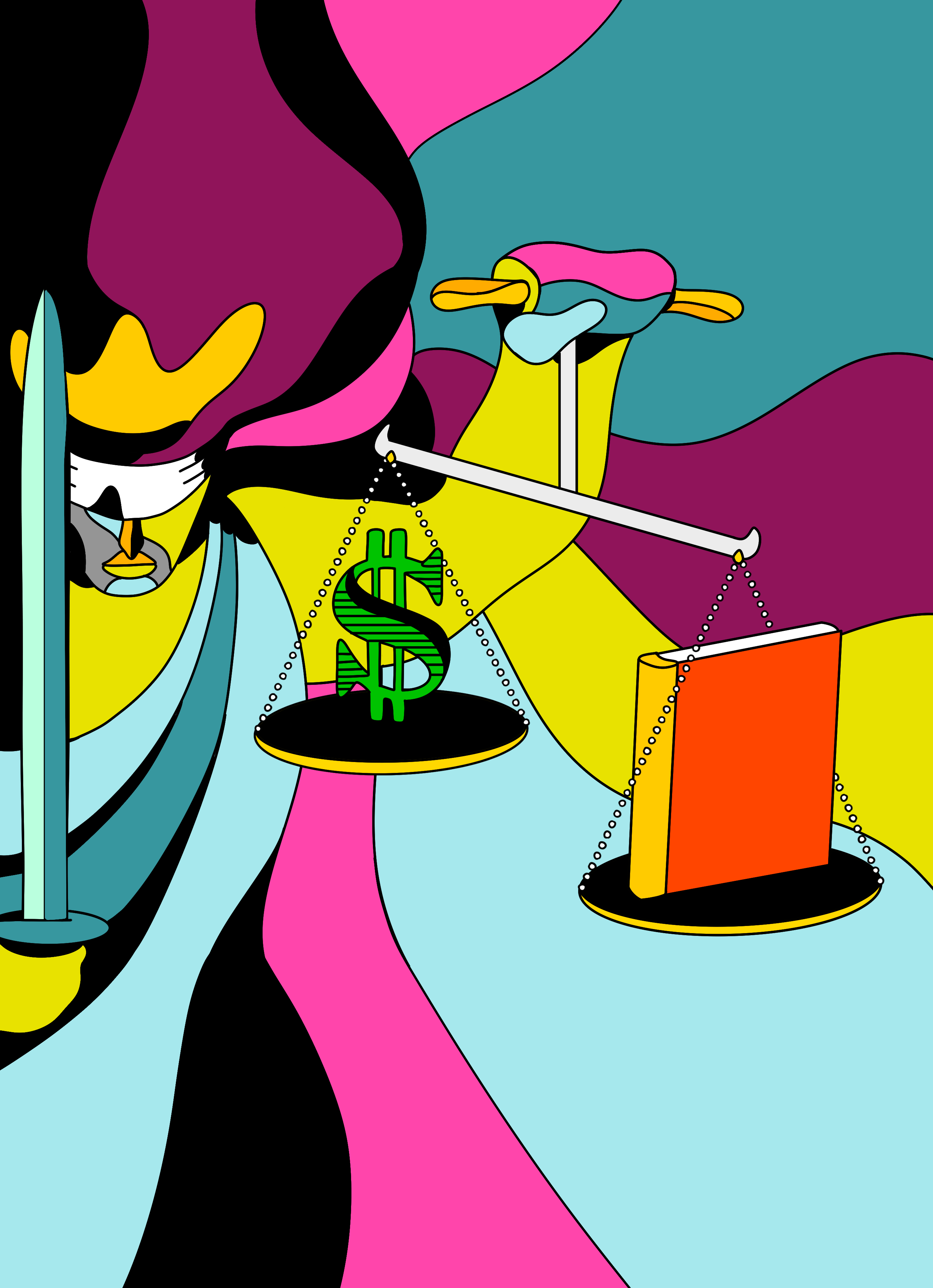 Woman with a sword holding scales of justice with a dollar sign on one side and a book on the other. Graphic is a groovy, colorful 1970s style.