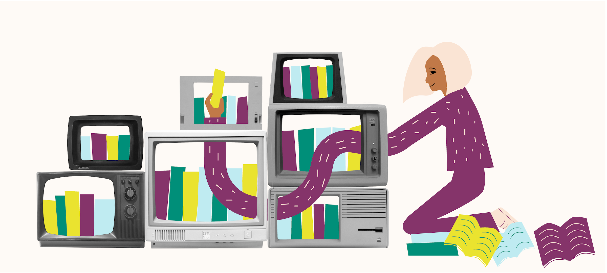 person kneeling by a pile of TV and computer screens and reaching an arm through to get books inside of them