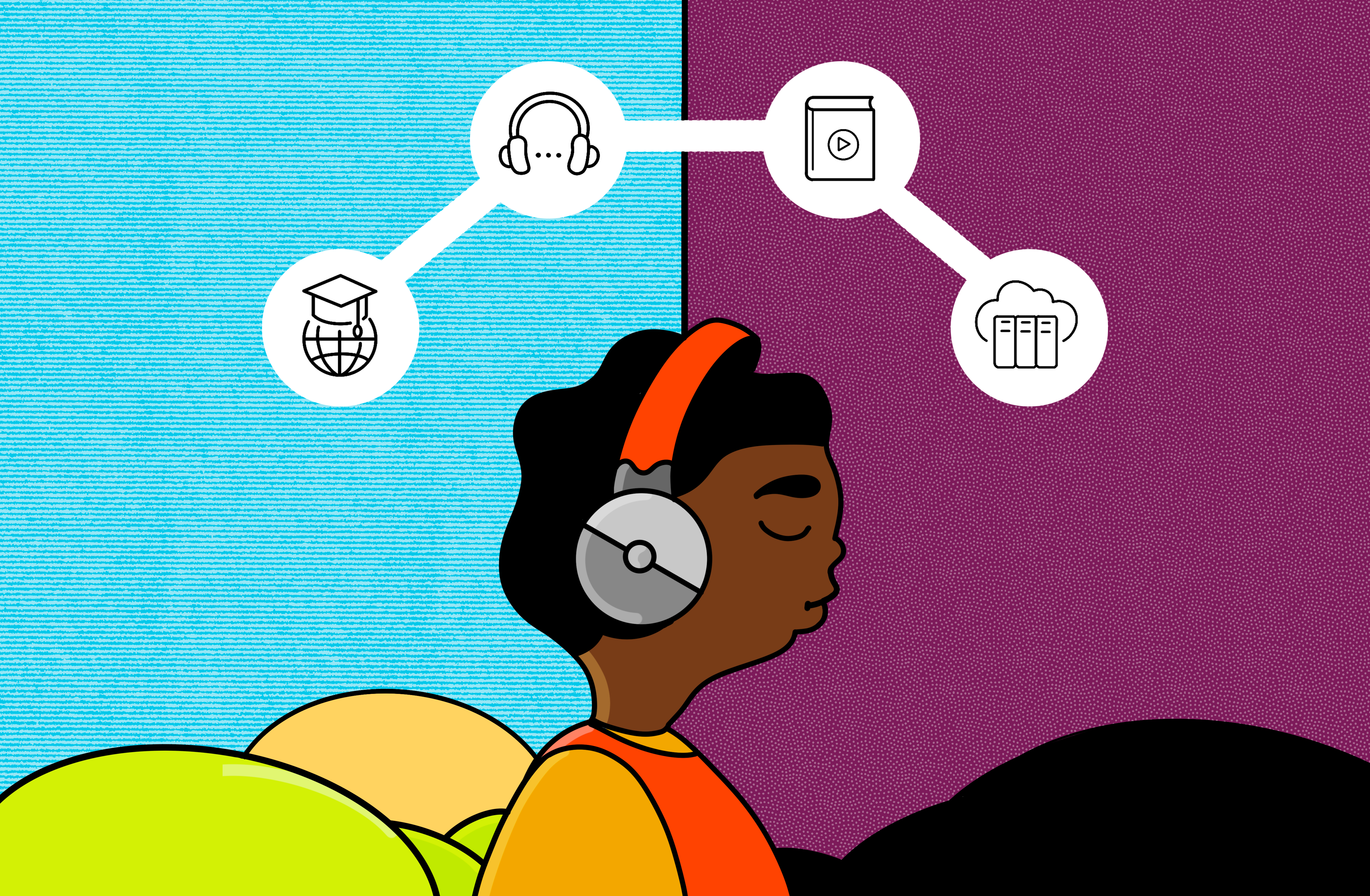Black woman with headphones. Above her head float graphics of a mortarboard on a globe, a pair of headphones, a book, and cloud storage.