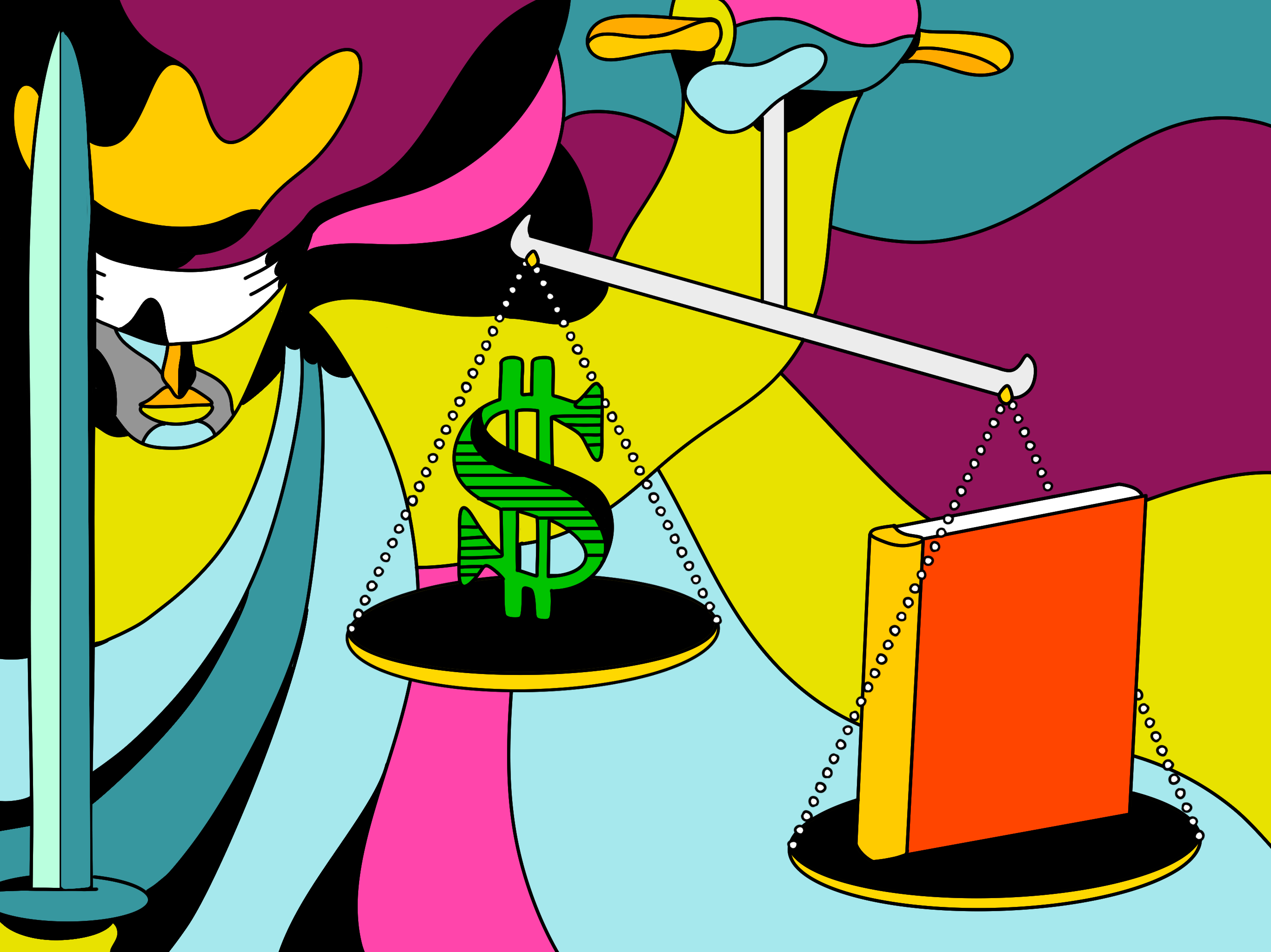 Woman with a sword holding scales of justice with a dollar sign on one side and a book on the other. Graphic is a groovy, colorful 1970s style.