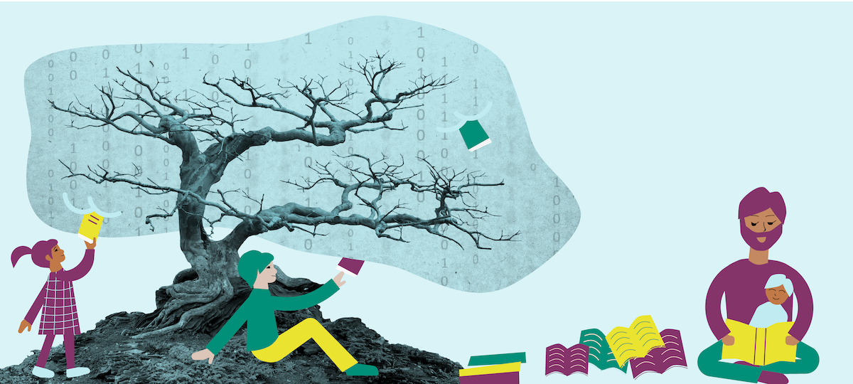 people reading under a tree made from 1s and 0s