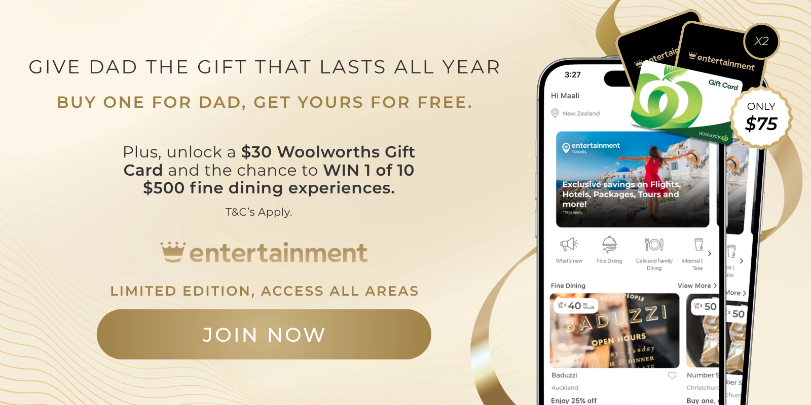 Entertainment Membership: Buy One, Get One Free + $30 Woolworths Gift Card for $75
