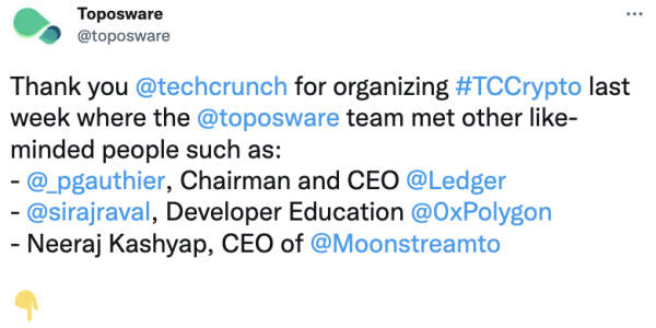 Techcrunch Toposware Twitter post