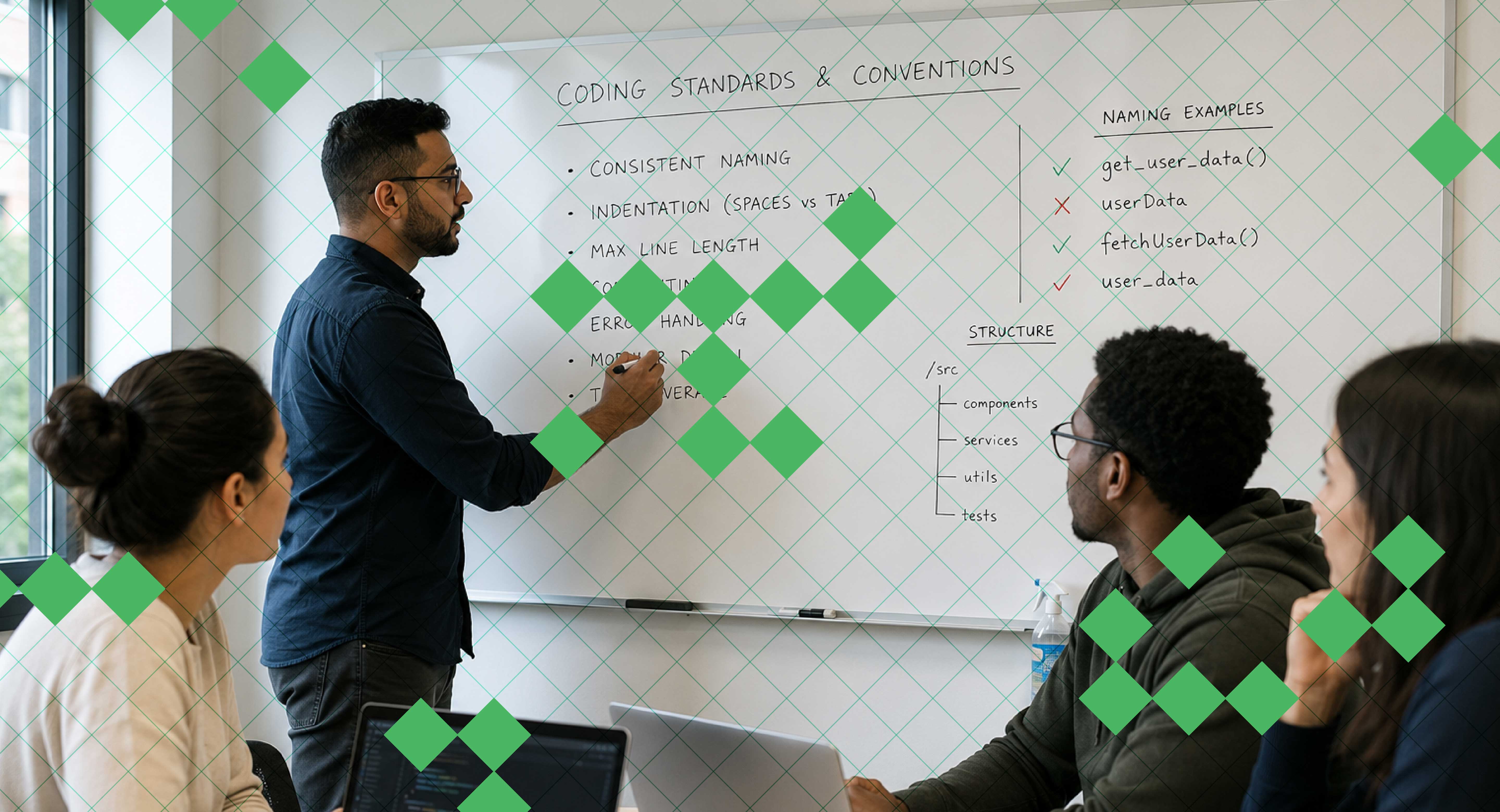 One person stands writing at a white board while a business meeting is happening with others listening on.