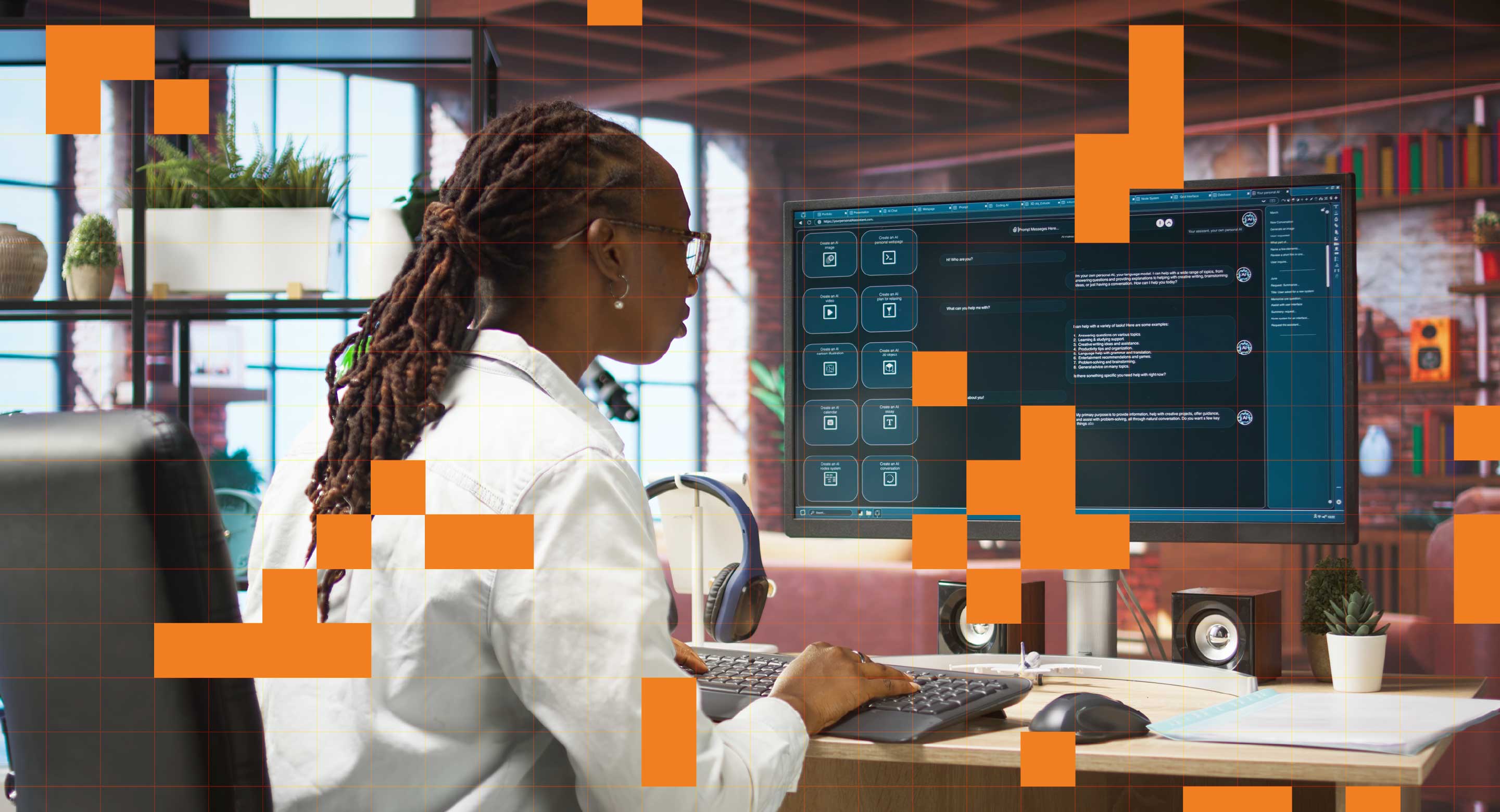 A woman works at a desktop computer in a stylish office with an orange geometric overlay.