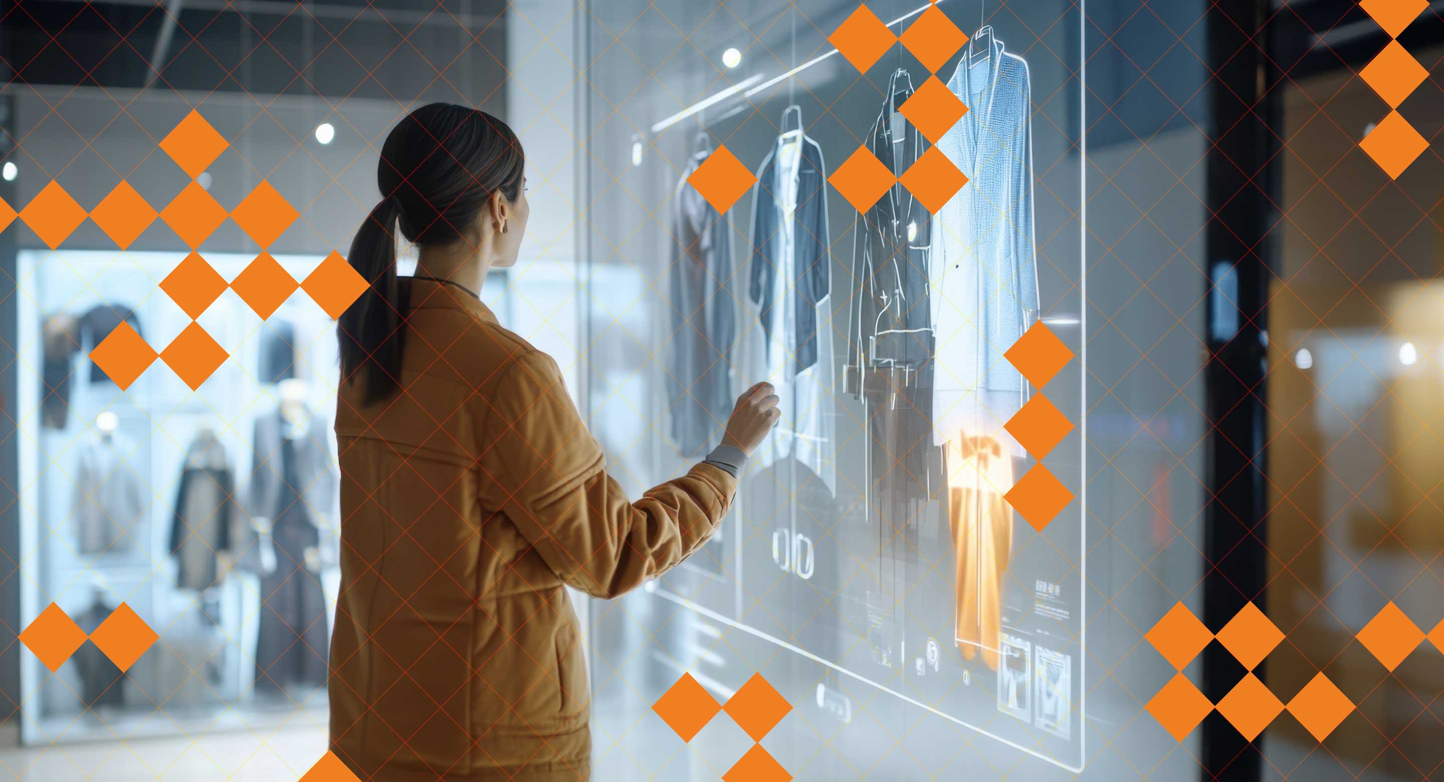 A woman stands facing a digital display screen in a mall