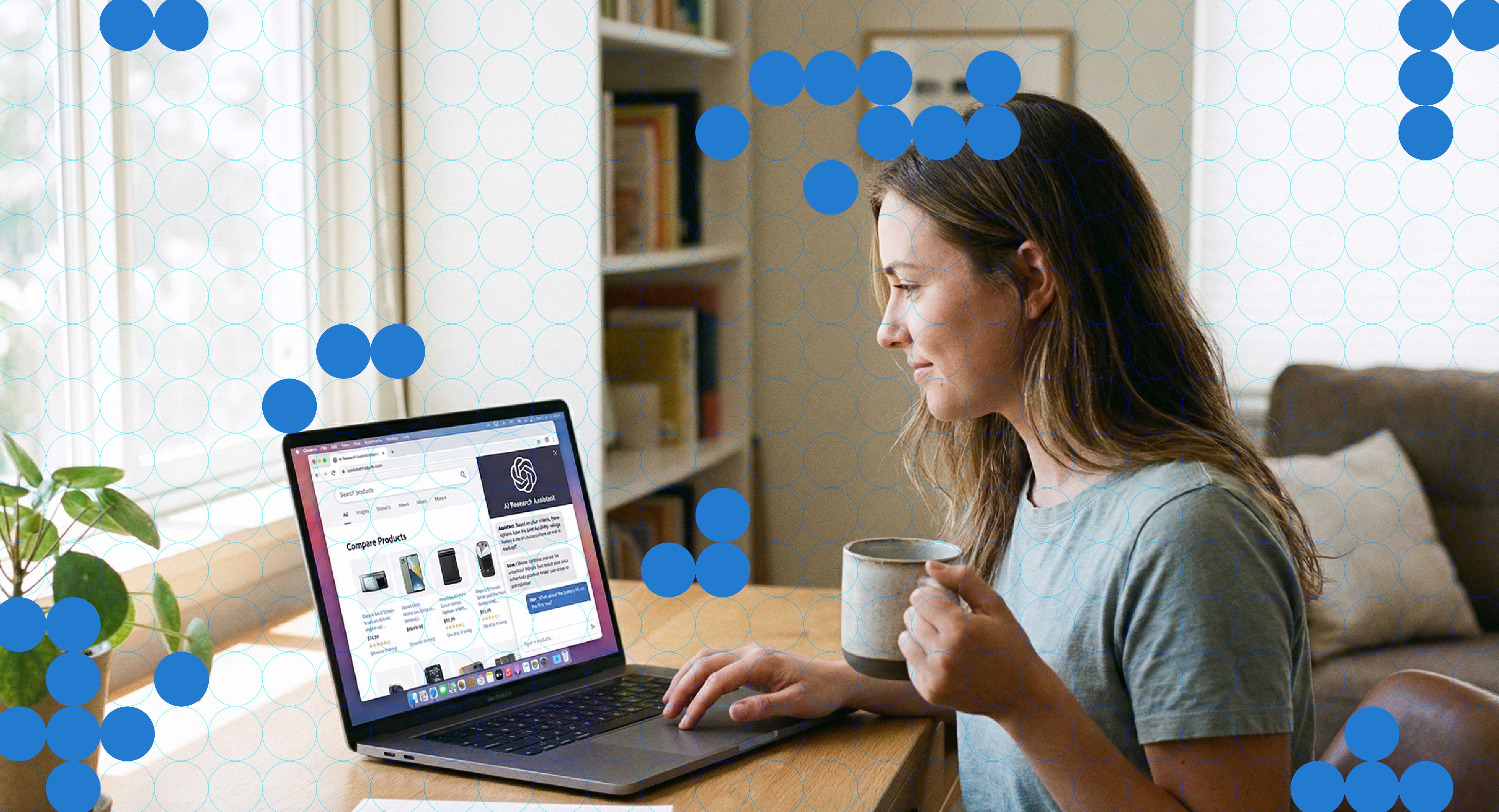 A woman sits at a laptop scrolling on a website product listing page while holding a mug.