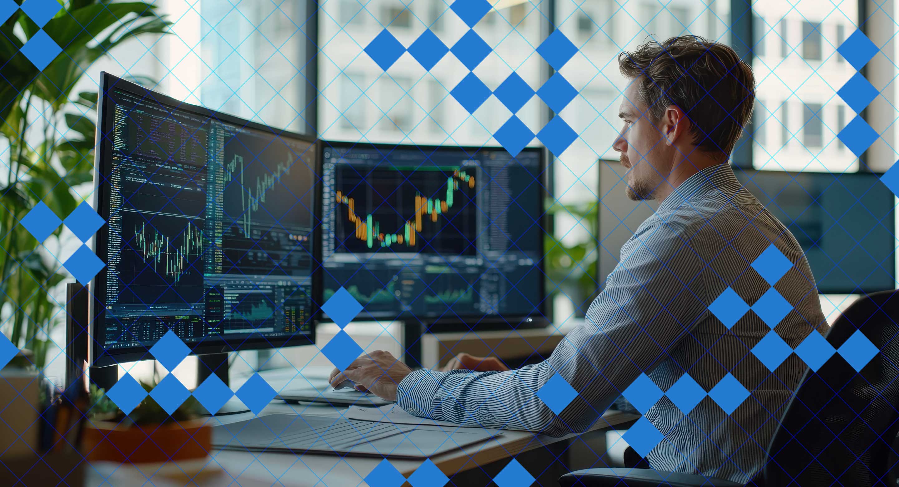 A man analyzes financial charts on multiple computer monitors in a modern office with a blue geometric overlay.