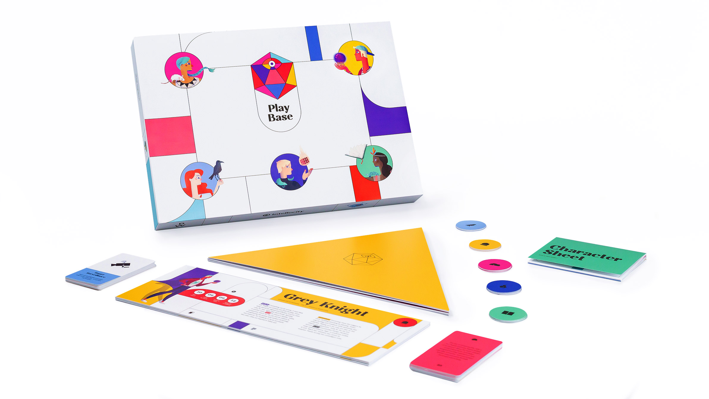 The PlayBase game set consists of a game board, character board and sheets, 30 trend cards, action cards, game dice, and an app guide for the Game Master