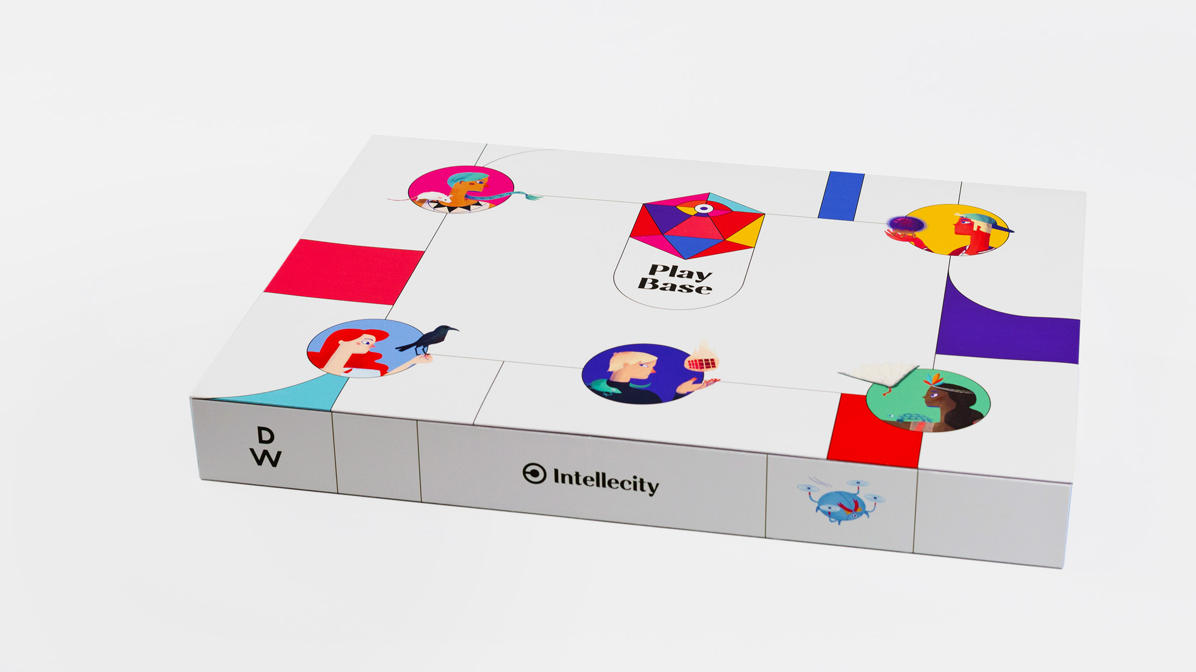 The PlayBase game set consists of a game board, character board and sheets, 30 trend cards, action cards, game dice, and an app guide for the Game Master