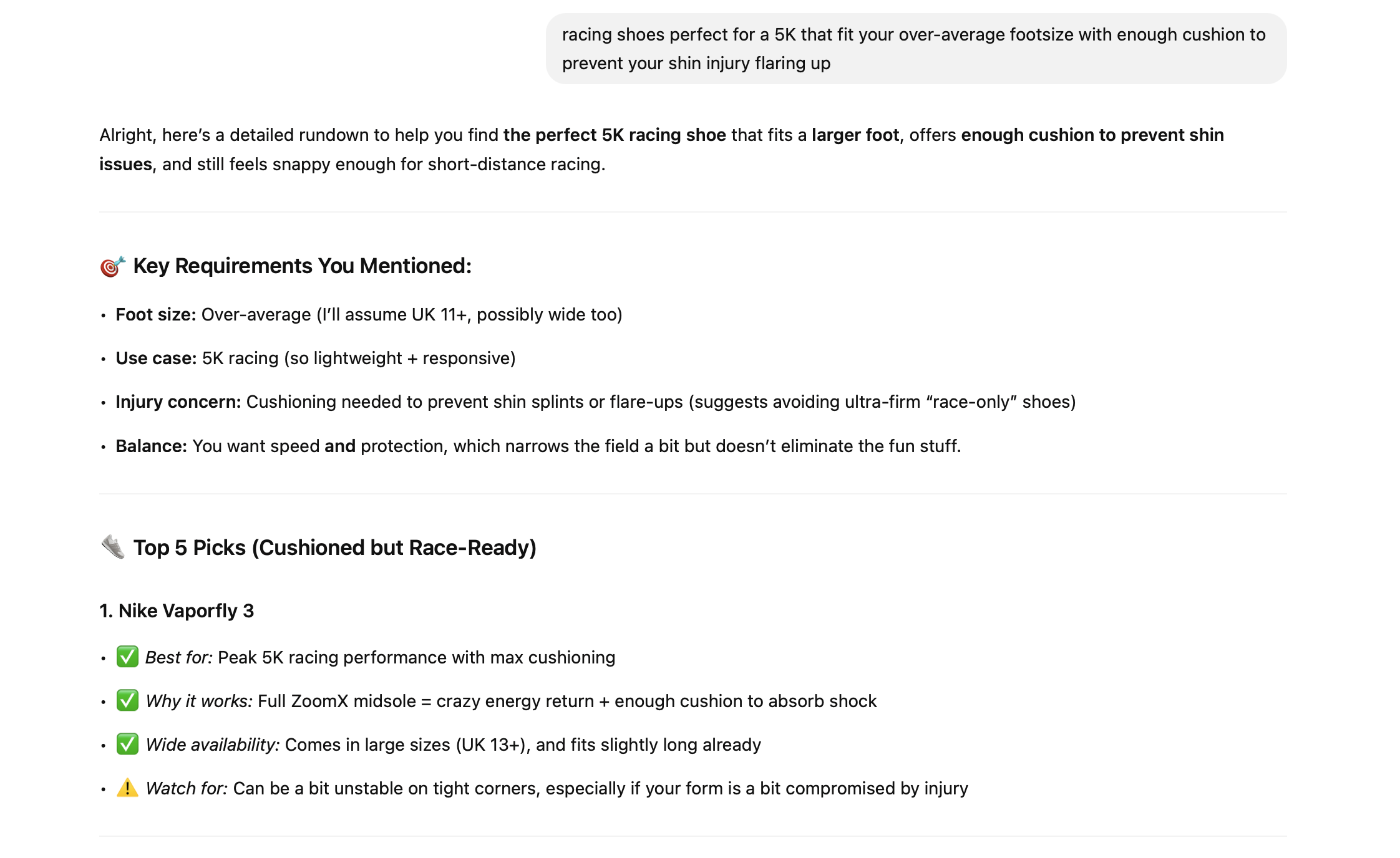 ChatGPT's running shoe advice.
