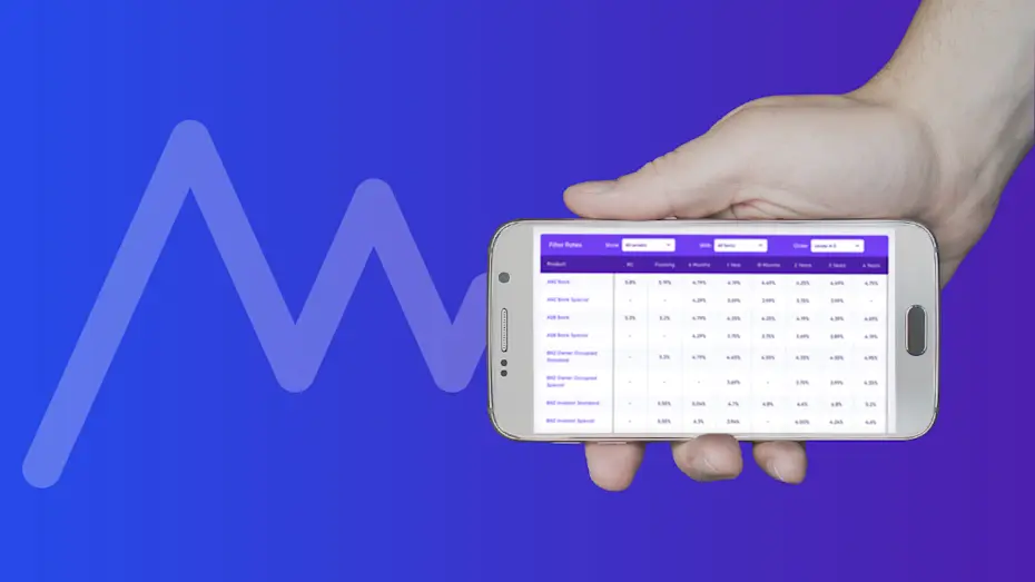 Hand holding mobile phone, displaying MortgageRates rate table