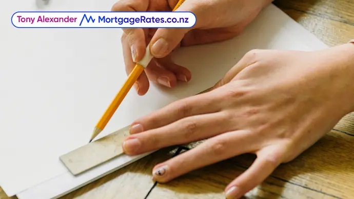 Hands, ruler, person measuring and drawing with pencil