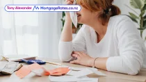 Woman crying, calculator and money on table
