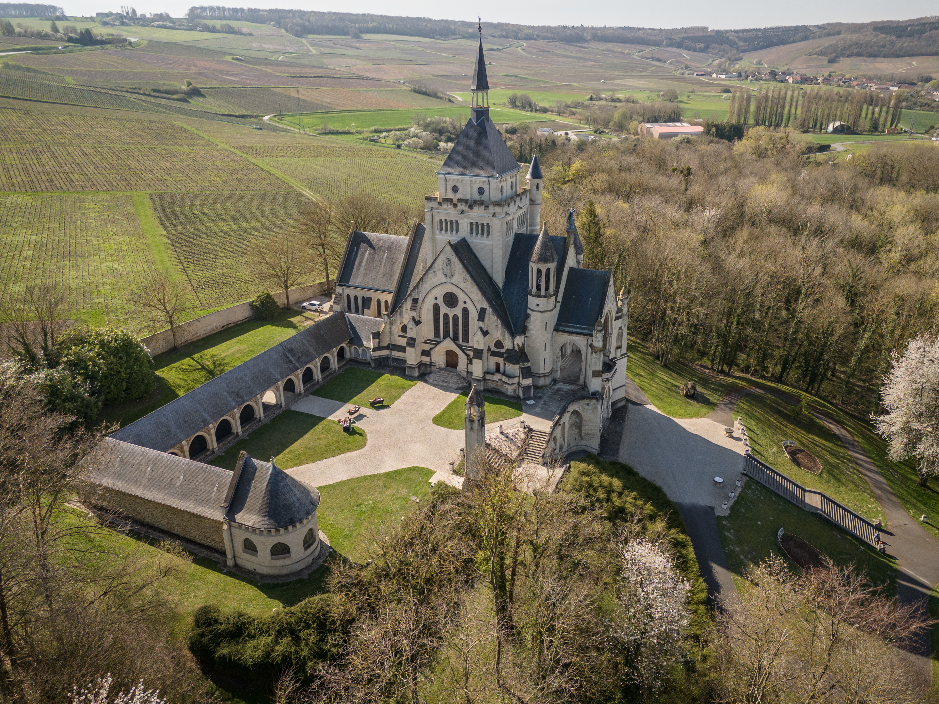 Aerial view of a château or abbey