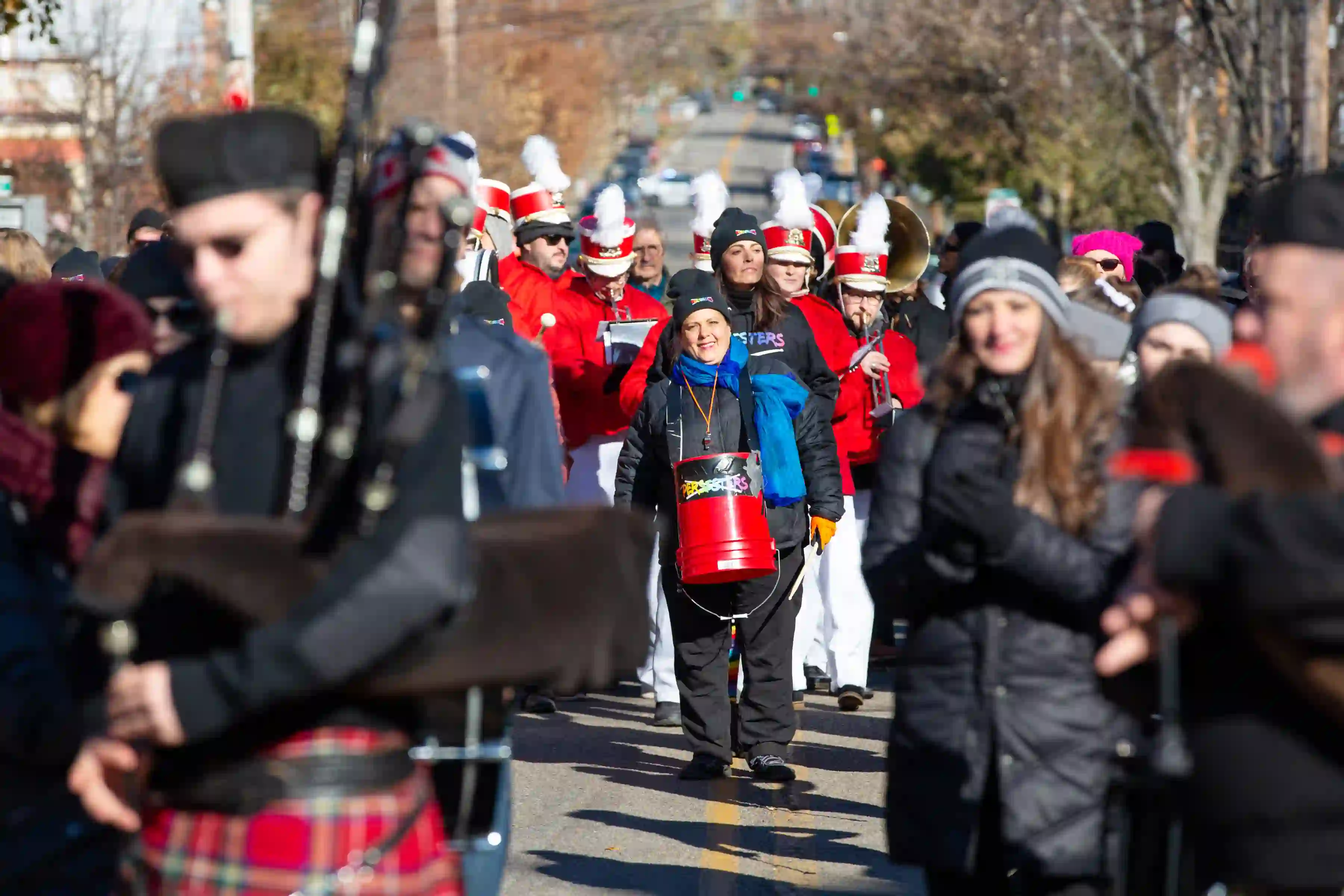 Bagpipe and marching band performers at the Marinella Senatore and The School of Narrative Dance Performance event, 2019