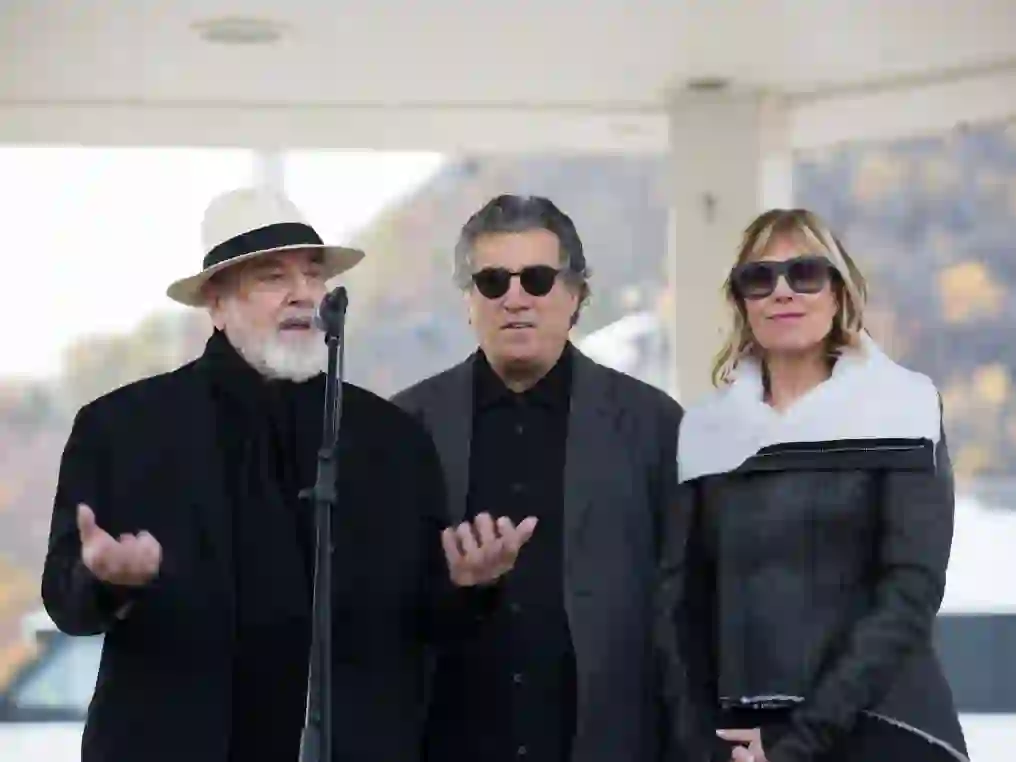 Michelangelo Pistoletto addresses the crowd from the Cold Spring gazebo