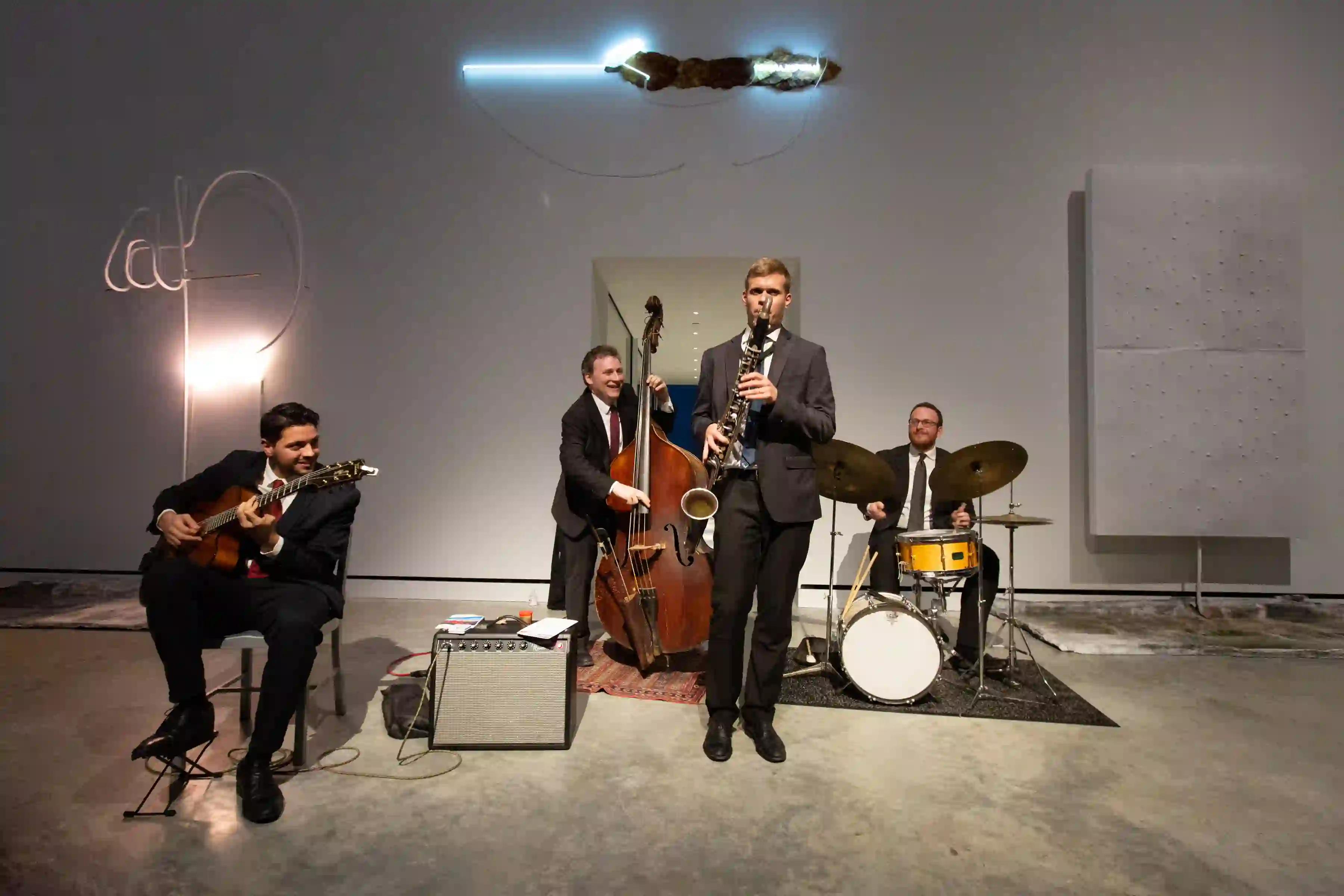 Pasquale Grasso (left) joined by Ari Roland on double bass, Keith Balla on drums, and Stefano Doglioni on bass clarinet