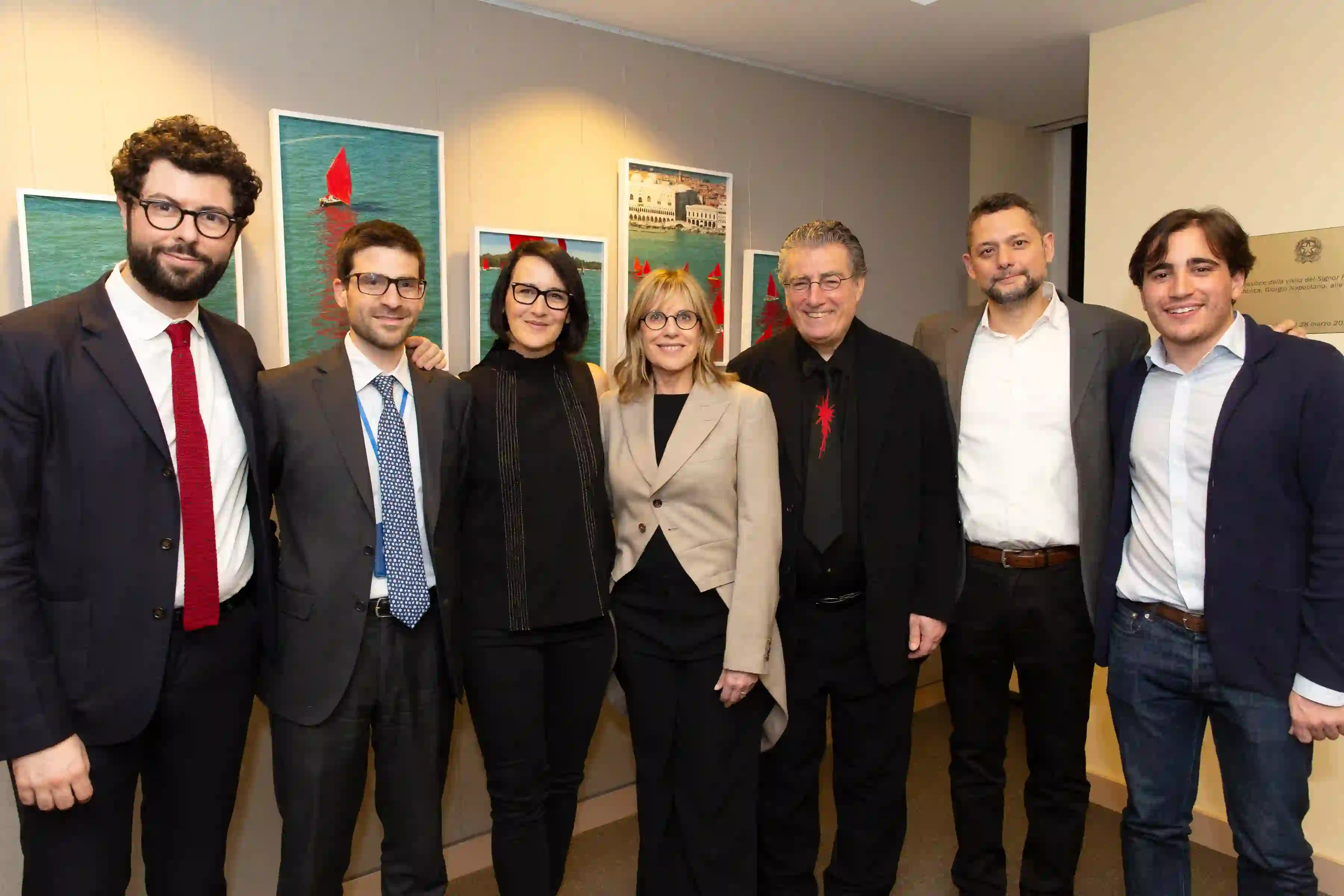 Left to right: Vittorio Calabrese, Dir. of M.I.A.F., Giuseppe Papalia, First Secretary Chief of Staff, Melissa McGill, artist, Nancy Olnick and Giorgio Spanu, M.I.A.F. Co-founders, Miguel Quismondo, Architect, M.I.A.F., Jacobo Mingorance, Junior Architect.