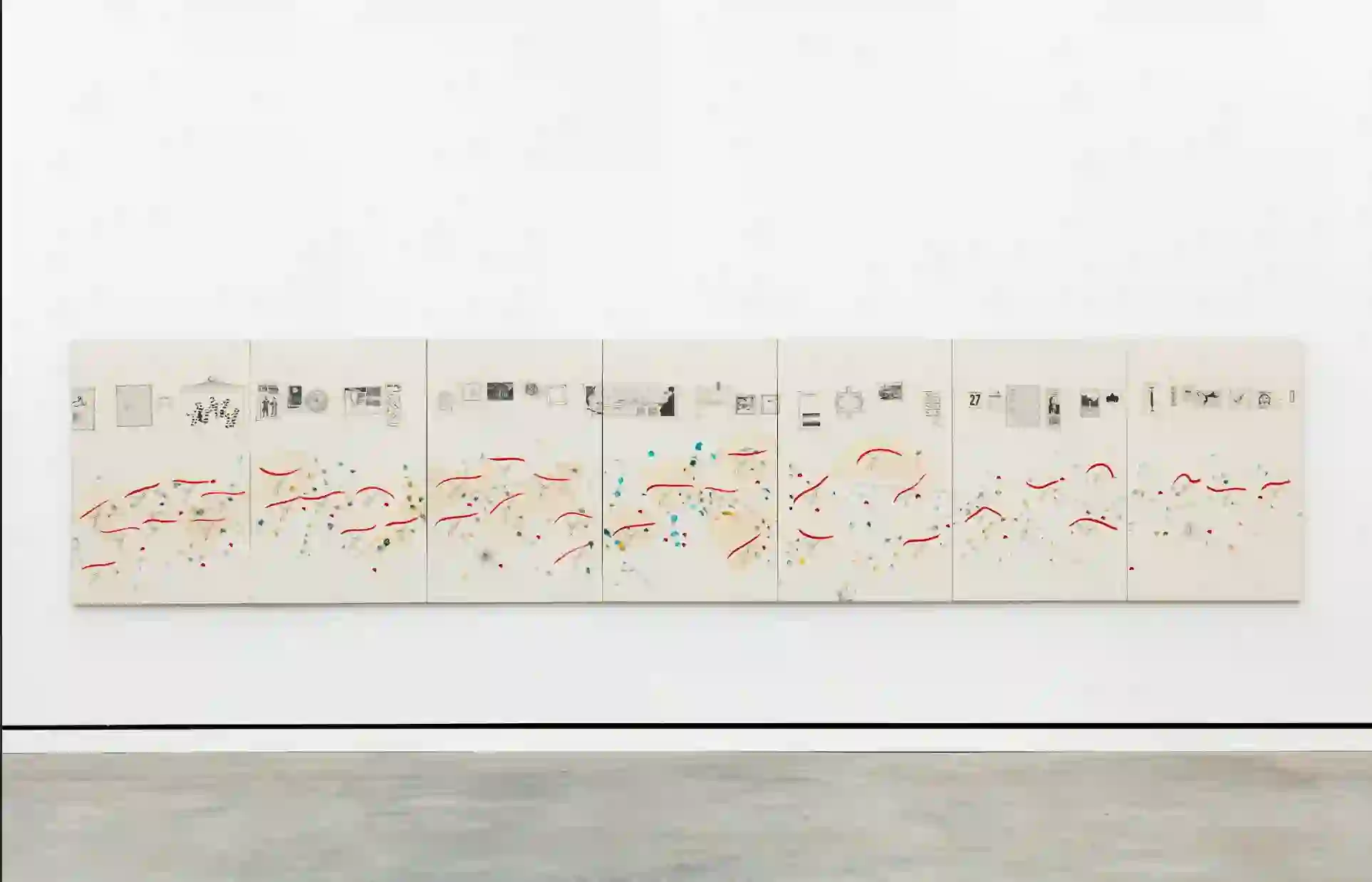Alighiero Boetti, Senza titolo, 1987, mixed media on paper mounted on canvas, 59 x 275 5_8 in. (150 x 700 cm) Photo by Marco Anelli. Courtesy of Magazzino Italian Art.© Alighiero Boetti by SIAE_ARS 2026