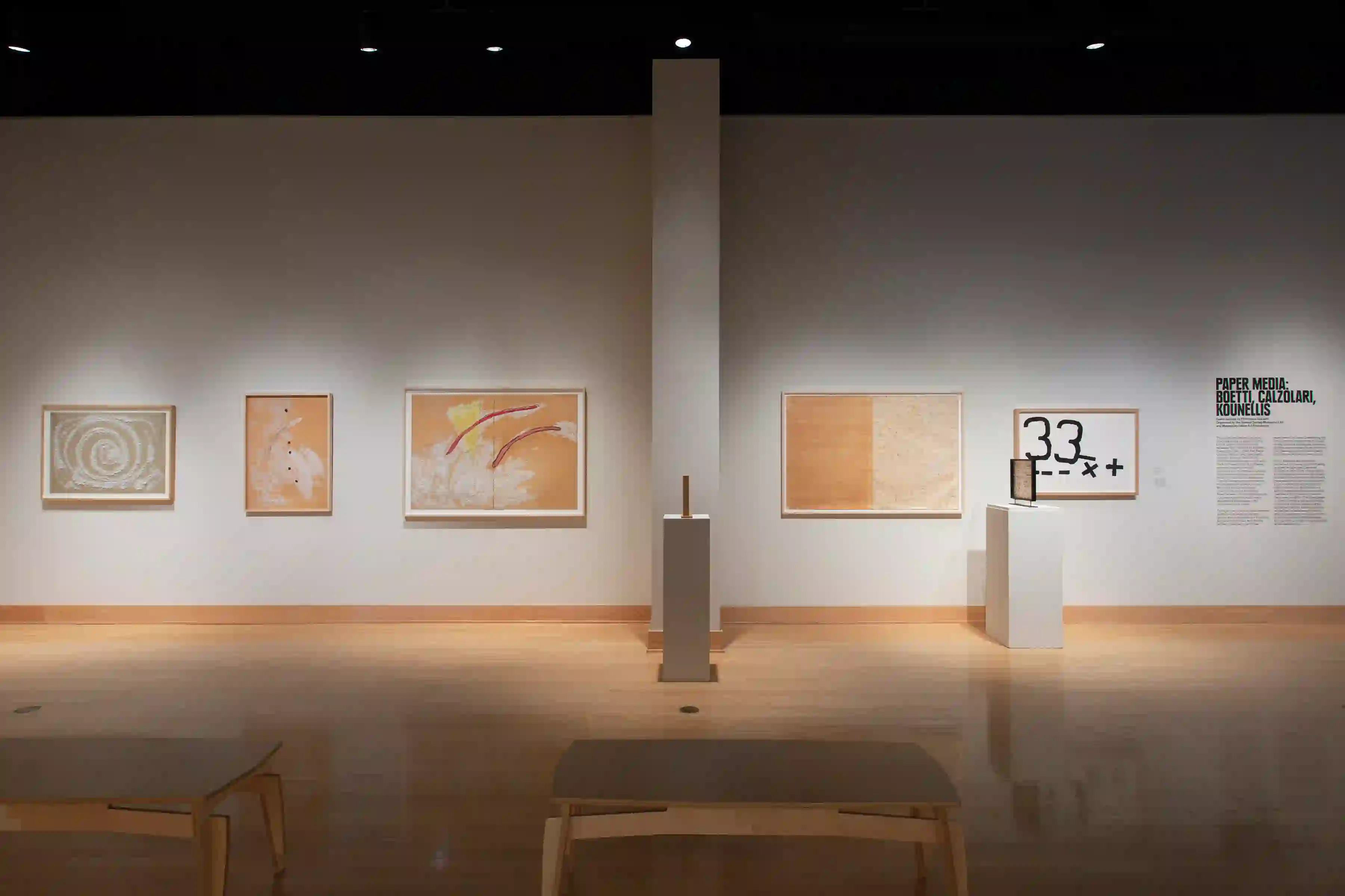 Exhibition view of "Paper Media: Boetti, Calzolari, Kounellis," curated by Francesco Guzzetti at The Samuel Dorsky Museum of Art, New Paltz, August 28 - December 8, 2019