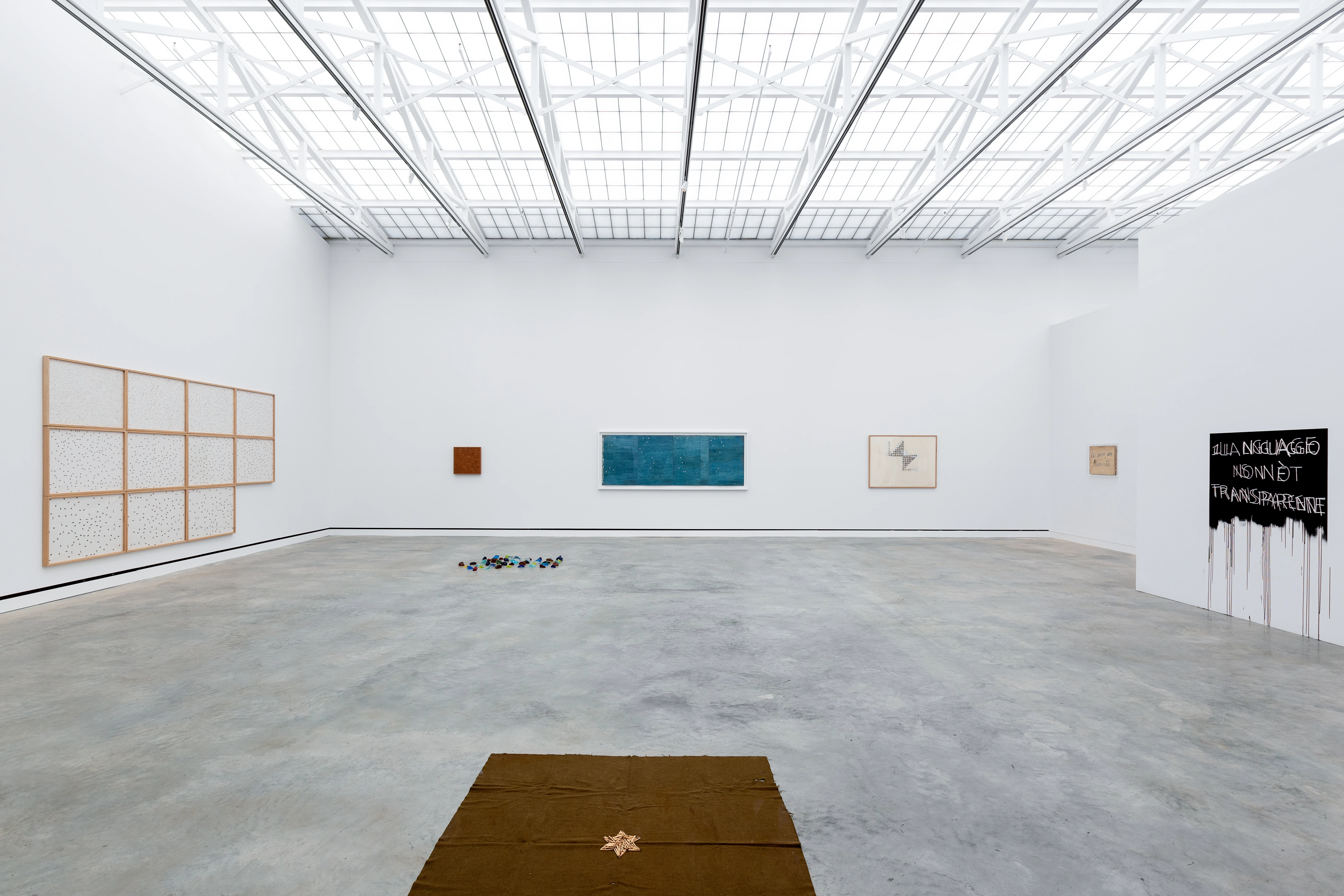 Installation view of Bochner Boetti Fontana at Magazzino Italian Art, Cold Spring, New York