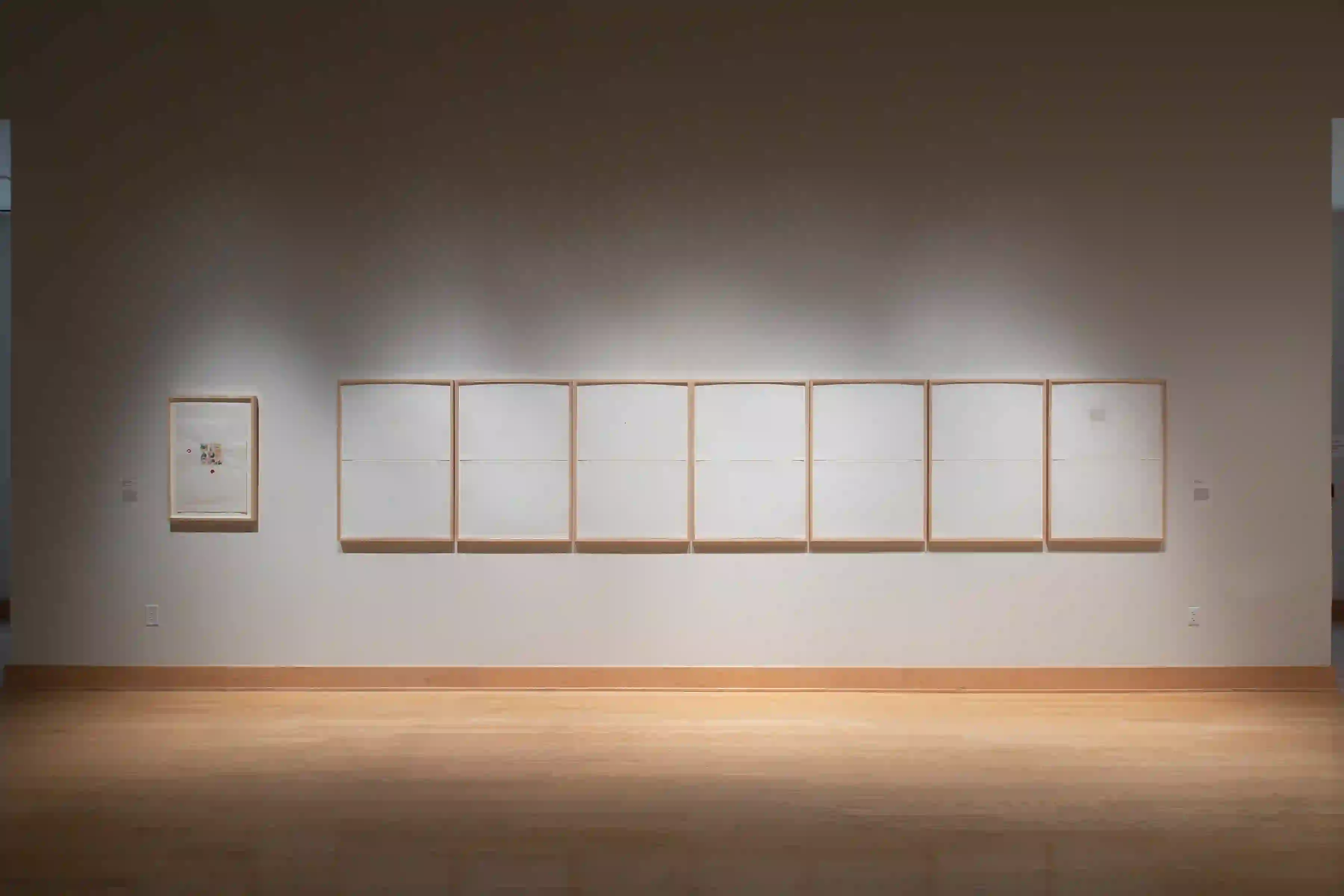 Exhibition view of "Paper Media: Boetti, Calzolari, Kounellis," curated by Francesco Guzzetti at The Samuel Dorsky Museum of Art, New Paltz, 2019