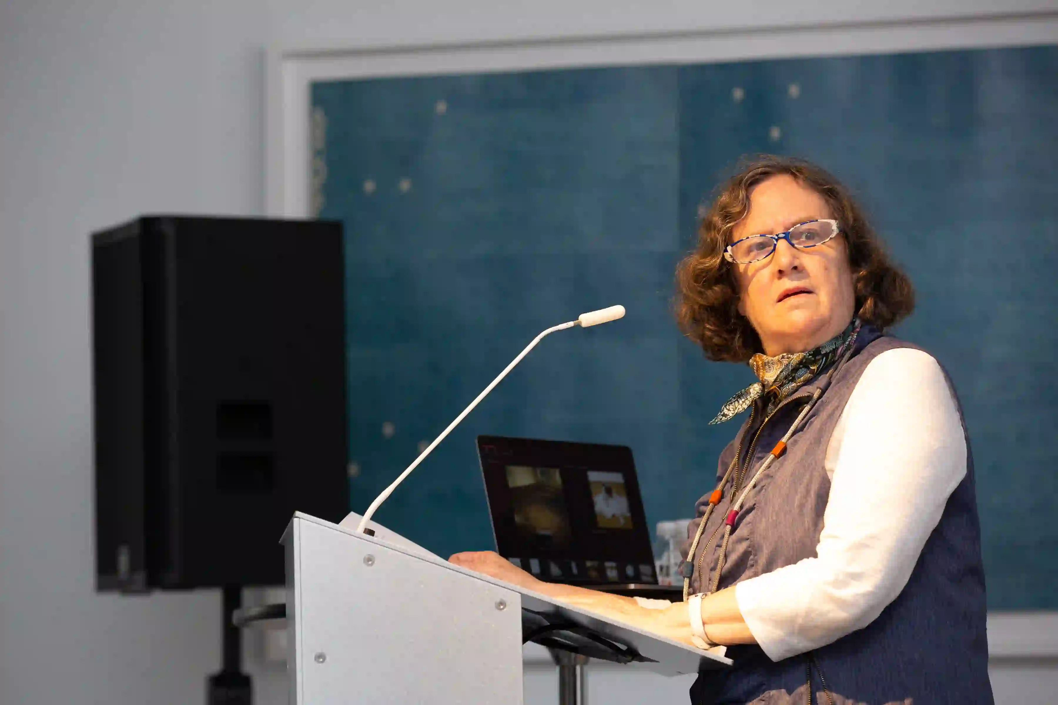 Photo of Independent Scholar and Curator, Anne Rorimer giving her lecture, "Giovanni Anselmo: 1965 to the Present," on June 8, 2019