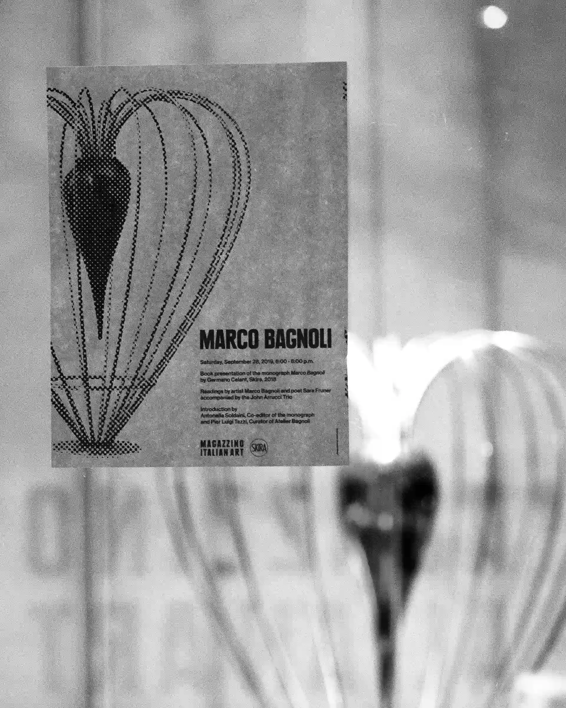 Poster of "Marco Bagnoli" book presentation event at Magazzino Italian Art Foundation on September 28, 2019