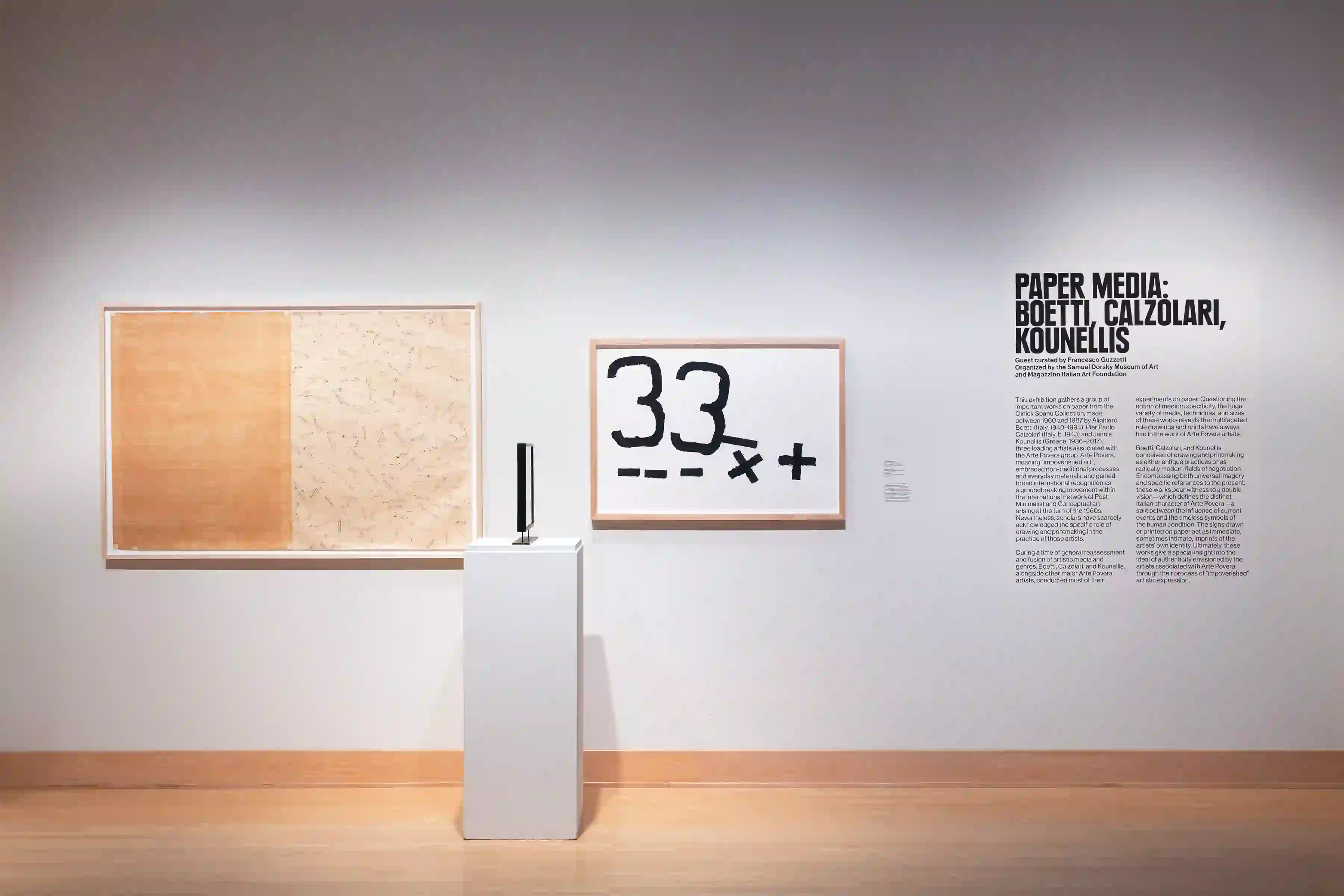 Exhibition view of "Paper Media: Boetti, Calzolari, Kounellis," curated by Francesco Guzzetti at The Samuel Dorsky Museum of Art, New Paltz, 2019