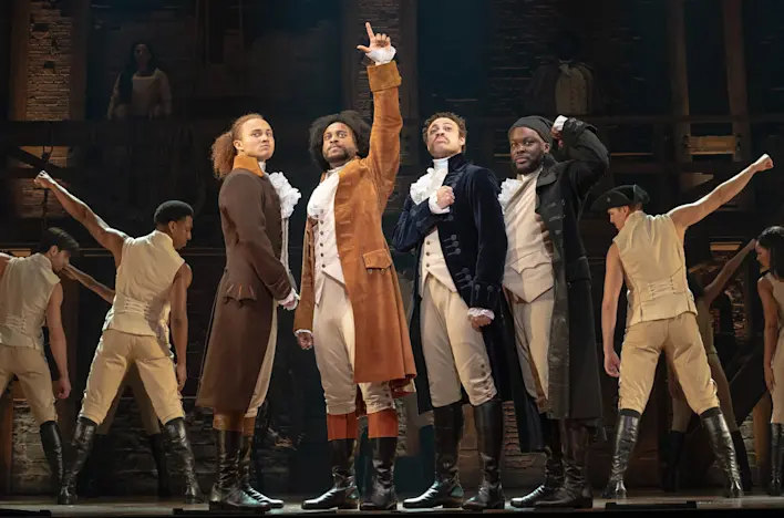 (3) (l-r) Nathan Haydel, Tyler Fauntleroy, Jared Howelton, Elvie Ellis, and Company - HAMILTON National Tour - (c) Joan Marcus 2024