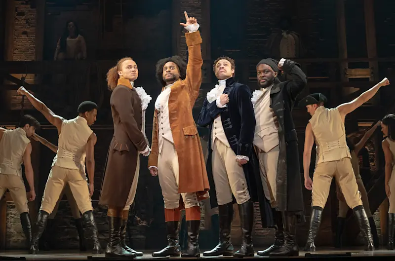 (3) (l-r) Nathan Haydel, Tyler Fauntleroy, Jared Howelton, Elvie Ellis, and Company - HAMILTON National Tour - (c) Joan Marcus 2024