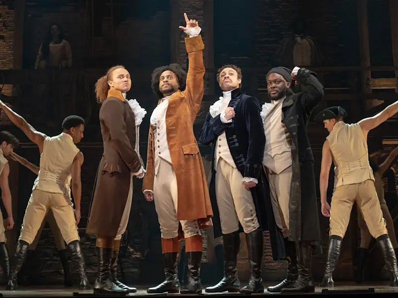 (3) (l-r) Nathan Haydel, Tyler Fauntleroy, Jared Howelton, Elvie Ellis, and Company - HAMILTON National Tour - (c) Joan Marcus 2024