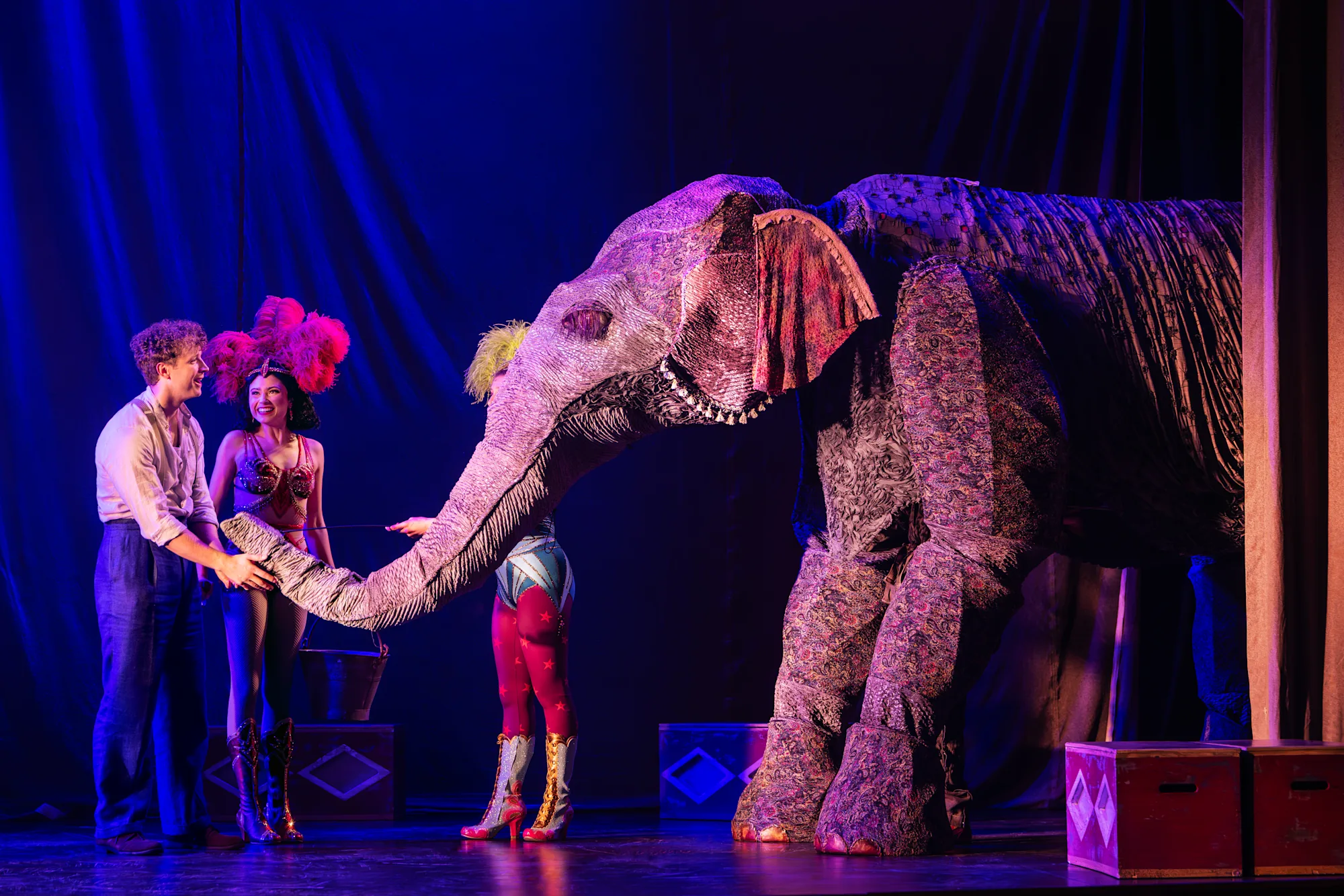 Zachary Keller, Helen Krushinski, and Ella Huestis commune with an elephant (not real). Photo by Matthew Murphy for MurphyMade