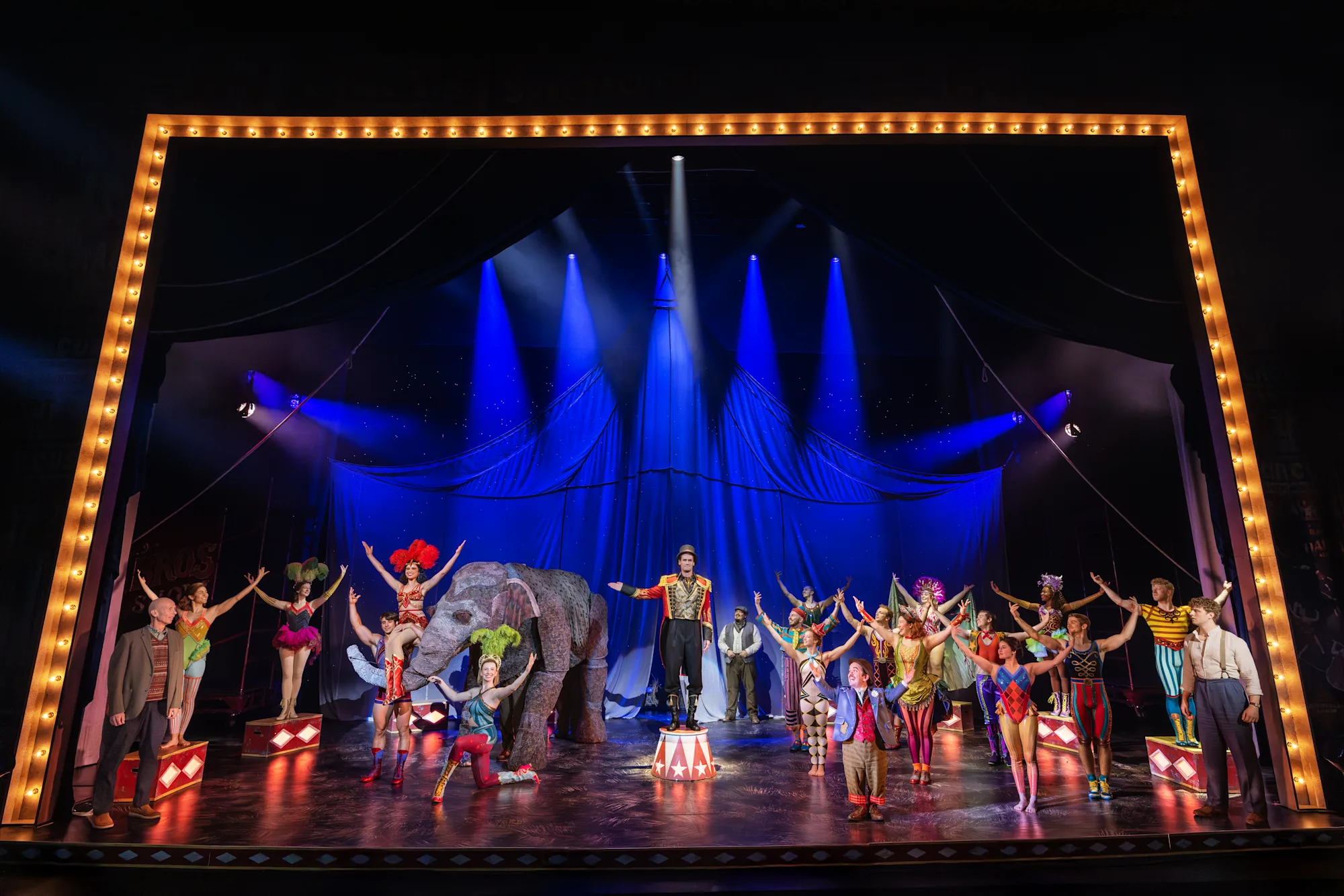 The cast of WATER FOR ELEPHANTS is assembled on the stage all arms raised high in the air ready to take a final bow. Photo by Matthew Murphy for MurphyMade